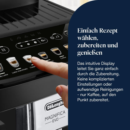 De’Longhi Magnifica Evo - Perfetto Kaffeevollautomat mit LatteCrema-Milchaufschäumer, 7 One-Touch-Getränke, Cappuccino, Espresso Kaffeemaschine, Soft-Touch-Bedienfeld, Schwarz (ECAM292.81.B)